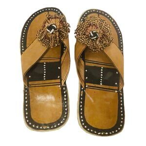 Vintage Flat Slippers Handcrafted Leather Cowhide Sandals Brown Size 10 3/4"